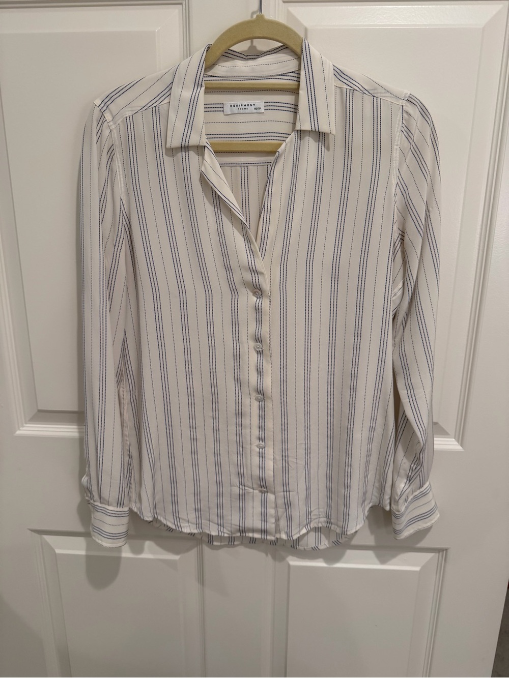 Equipment White Blouse with Navy Stitch Stripes